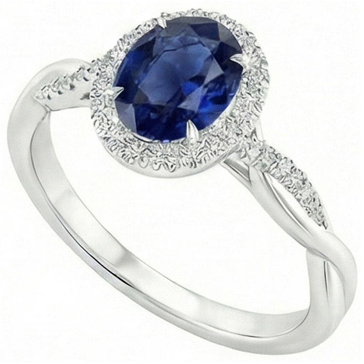 Bague Halo Diamants Naturels Extraits des Mines ( et non cultivés en laboratoire ) 4.25 Carats Saphir Bleu Ovale Or Blanc Pétillant