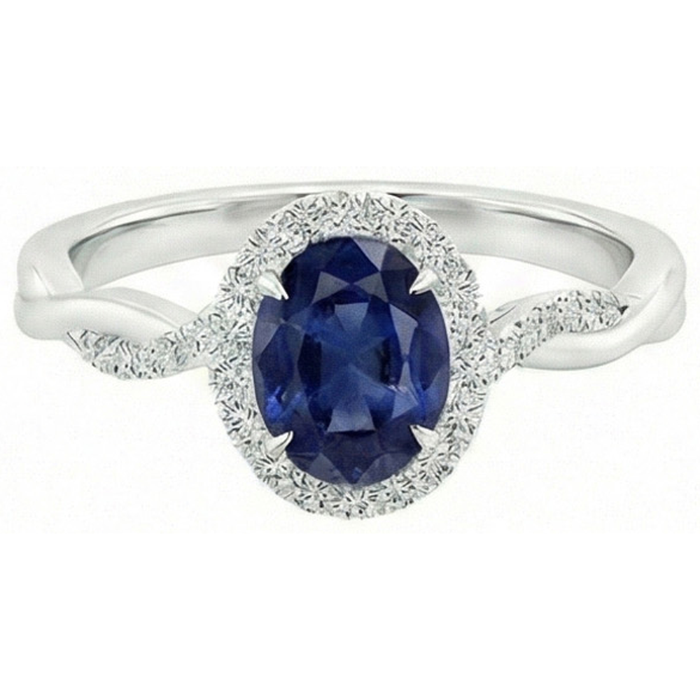 Bague Halo Diamants Naturels Extraits des Mines ( et non cultivés en laboratoire ) 4.25 Carats Saphir Bleu Ovale Or Blanc Pétillant
