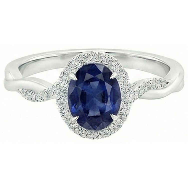 Bague Halo Diamants Naturels Extraits des Mines ( et non cultivés en laboratoire ) 4.25 Carats Saphir Bleu Ovale Or Blanc Pétillant