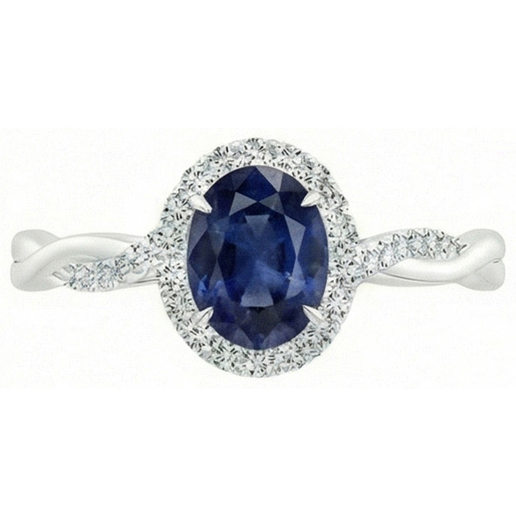 Bague Halo Diamants Naturels Extraits des Mines ( et non cultivés en laboratoire ) 4.25 Carats Saphir Bleu Ovale Or Blanc Pétillant