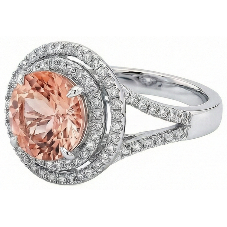 Bague Halo Diamants Naturels Extraits des Mines ( et non cultivés en laboratoire ) Morganite 8 Ct Or Blanc 14K Nouveau