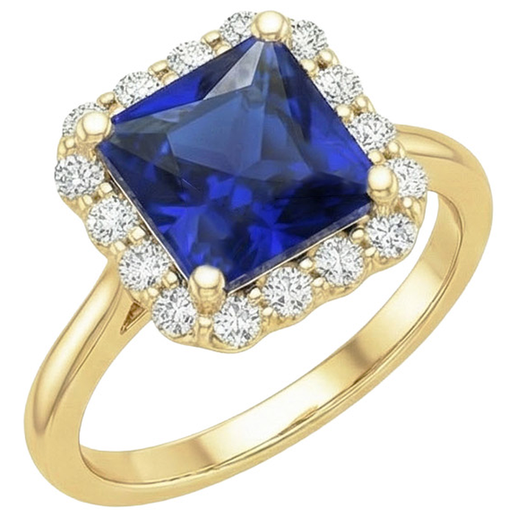 Bague Halo Diamants Naturels Extraits des Mines ( et non cultivés en laboratoire ) Or Jaune Avec Saphir Bleu Taille Princesse 6 Carats
