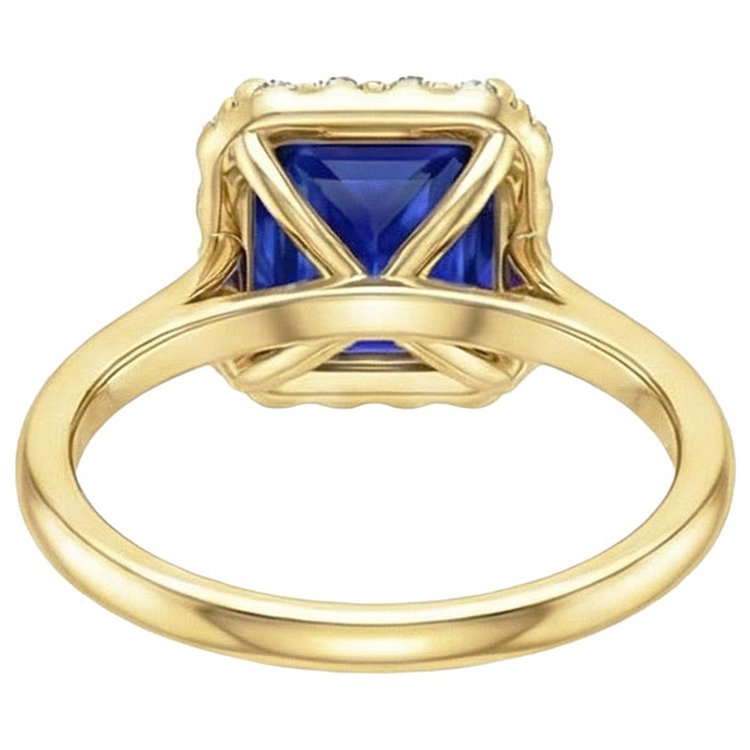 Bague Halo Diamants Naturels Extraits des Mines ( et non cultivés en laboratoire ) Or Jaune Avec Saphir Bleu Taille Princesse 6 Carats
