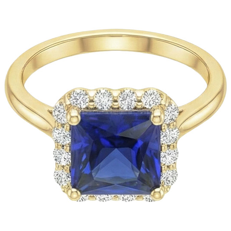 Bague Halo Diamants Naturels Extraits des Mines ( et non cultivés en laboratoire ) Or Jaune Avec Saphir Bleu Taille Princesse 6 Carats