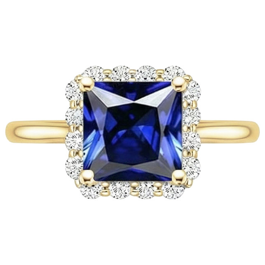 Bague Halo Diamants Naturels Extraits des Mines ( et non cultivés en laboratoire ) Or Jaune Avec Saphir Bleu Taille Princesse 6 Carats