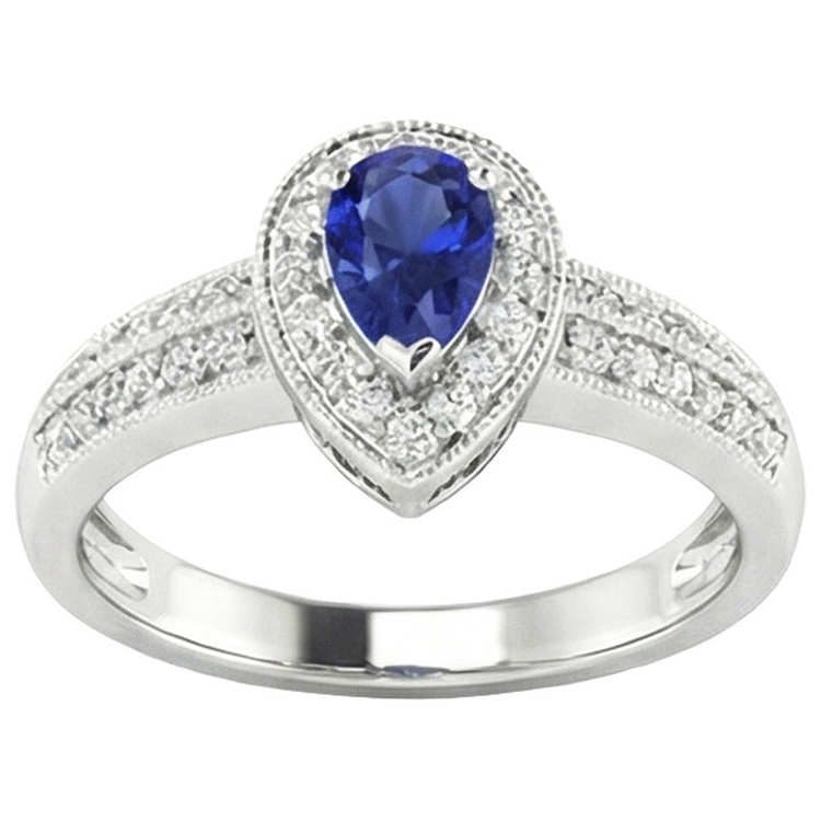 Bague Halo Double Tige Poire Saphir Bleu & Diamants 2 Carats