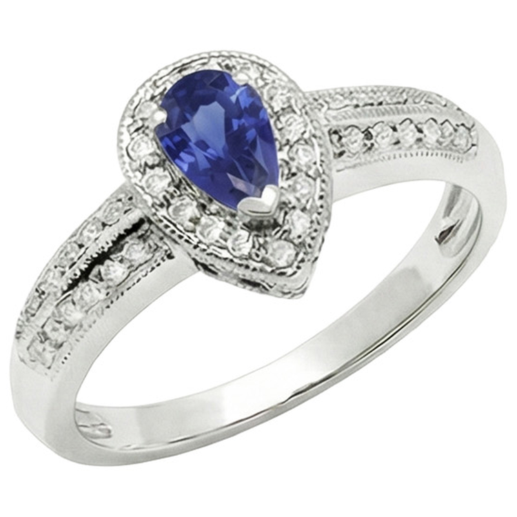 Bague Halo Double Tige Poire Saphir Bleu & Diamants 2 Carats