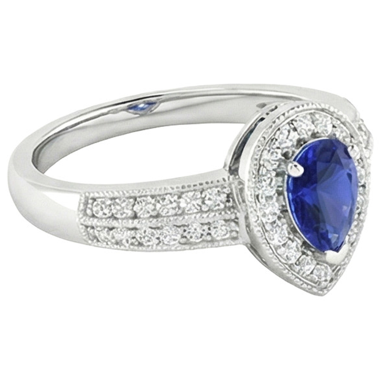 Bague Halo Double Tige Poire Saphir Bleu & Diamants 2 Carats