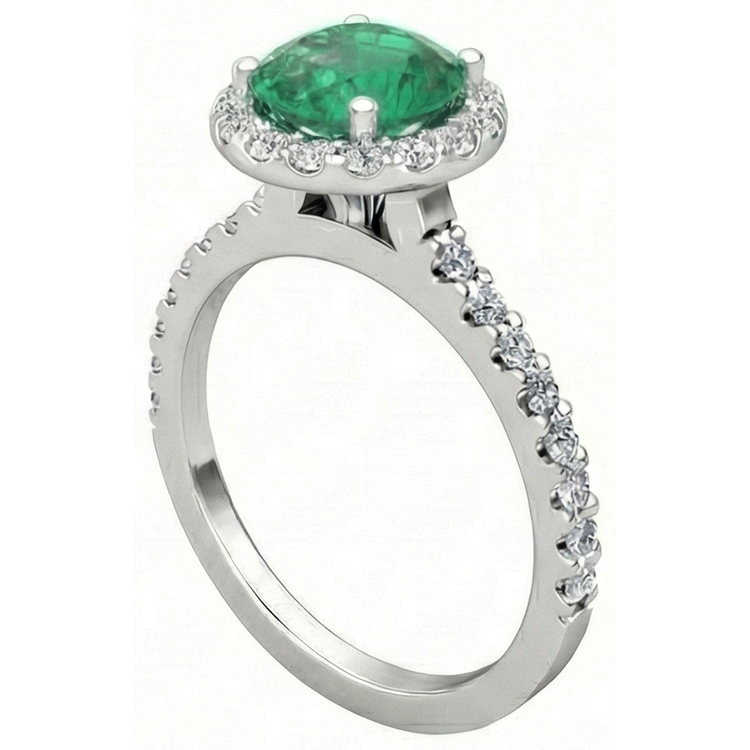 Bague Halo Emeraude En Or Blanc 14K 6.60 Carats Avec Petits Diamants