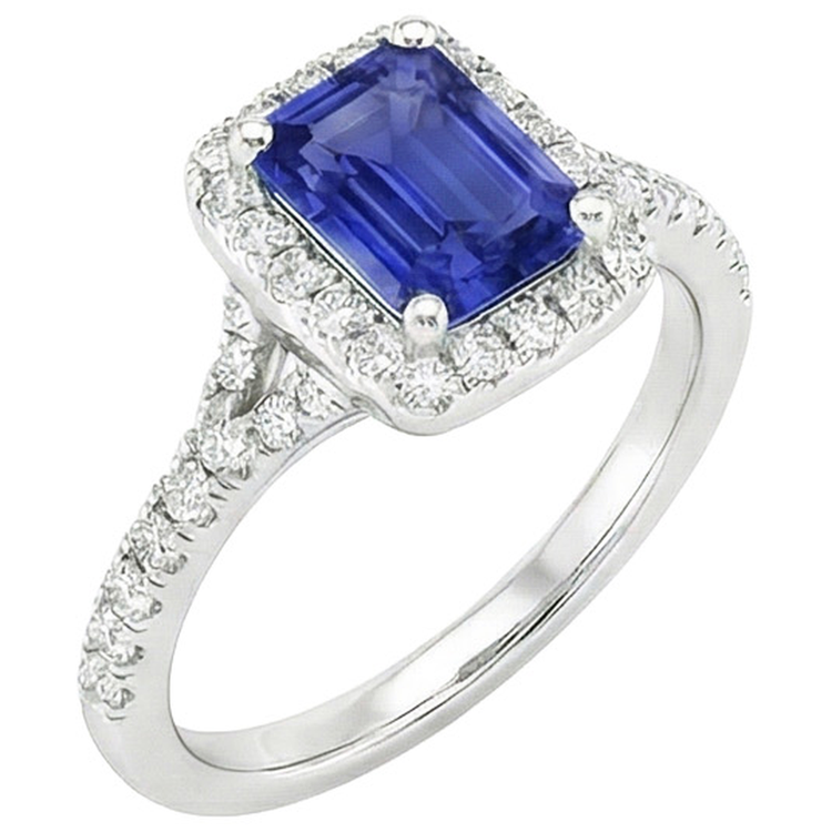 Bague Halo Emeraude Sri Lanka Saphir & Diamant Naturels Extraits des Mines ( et non cultivés en laboratoire ) 4.50 Carats