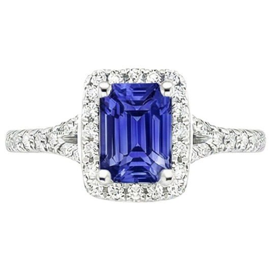 Bague Halo Emeraude Sri Lanka Saphir & Diamant Naturels Extraits des Mines ( et non cultivés en laboratoire ) 4.50 Carats