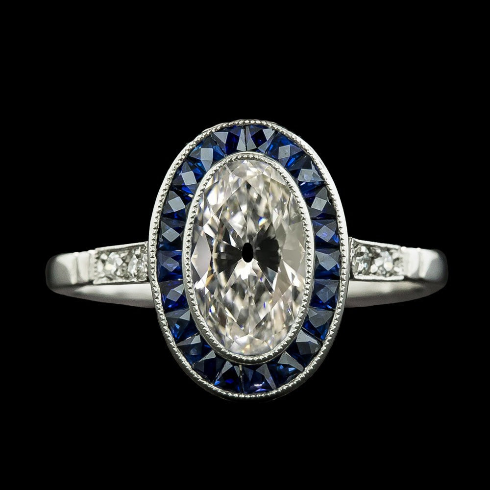 Bague Halo Femme Ovale Vieux mineur Réel Diamant & Saphirs Bleus 6.75 Carats