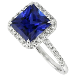 Bague Halo Femme Princesse Saphir Bleu Avec Pavé De Diamants Naturels Extraits des Mines ( et non cultivés en laboratoire ) 5.50 Carats