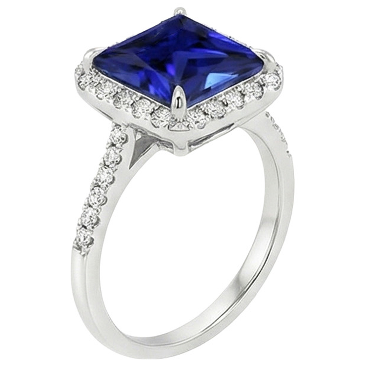Bague Halo Femme Princesse Saphir Bleu Avec Pavé De Diamants Naturels Extraits des Mines ( et non cultivés en laboratoire ) 5.50 Carats