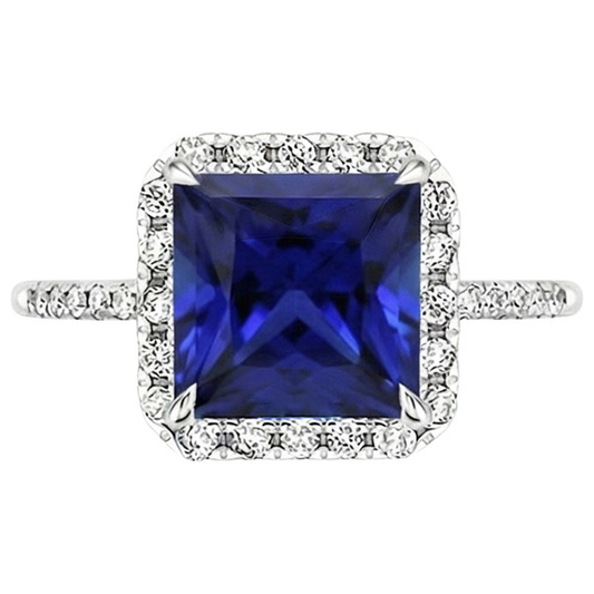 Bague Halo Femme Princesse Saphir Bleu Avec Pavé De Diamants Naturels Extraits des Mines ( et non cultivés en laboratoire ) 5.50 Carats
