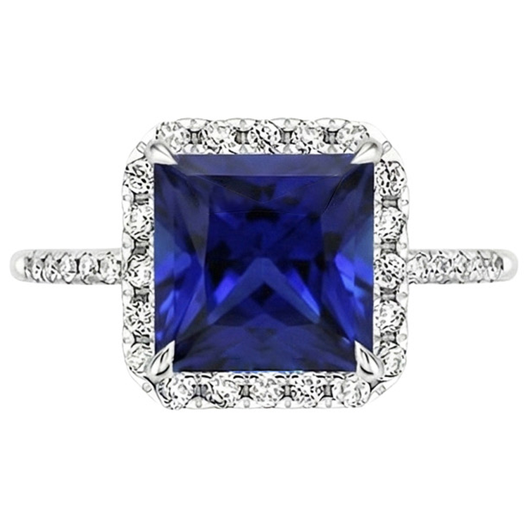 Bague Halo Femme Princesse Saphir Bleu Avec Pavé De Diamants Naturels Extraits des Mines ( et non cultivés en laboratoire ) 5.50 Carats