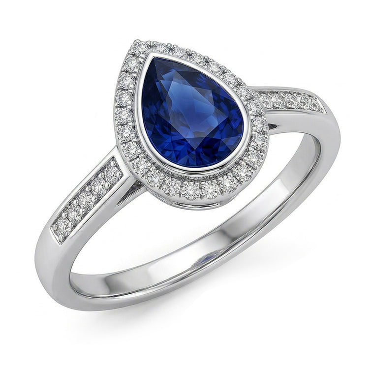 Bague Halo Femme Saphir Bleu Foncé & Accents de Diamants Ronds 3 Carats