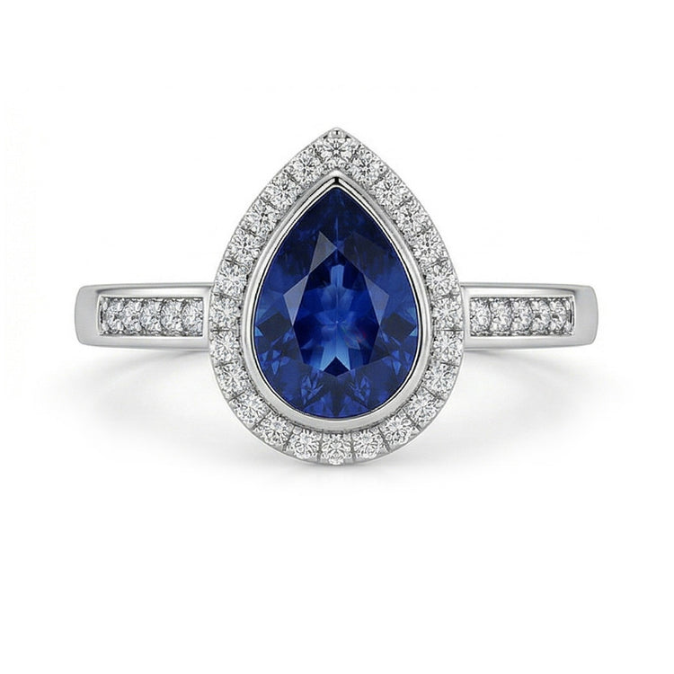 Bague Halo Femme Saphir Bleu Foncé & Accents de Diamants Ronds 3 Carats