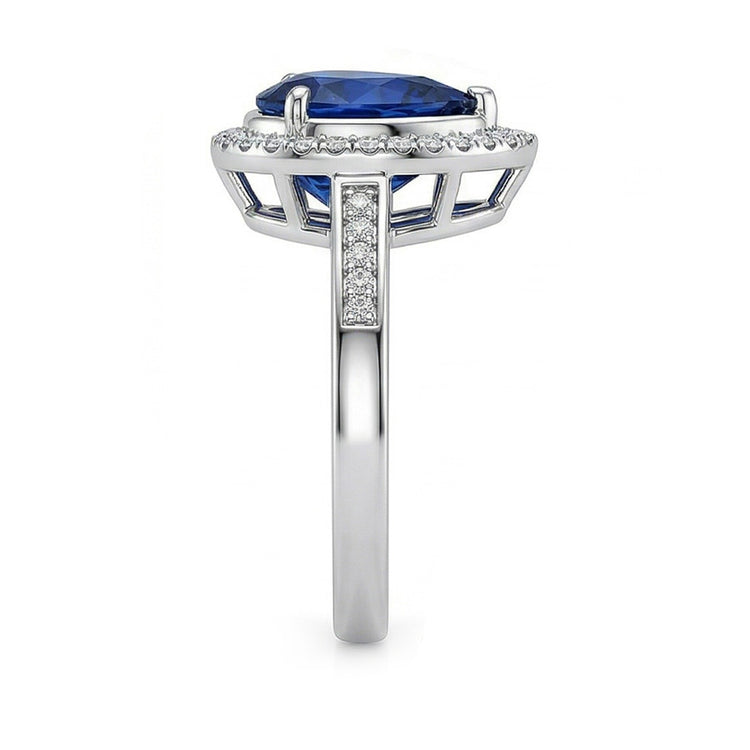 Bague Halo Femme Saphir Bleu Foncé & Accents de Diamants Ronds 3 Carats