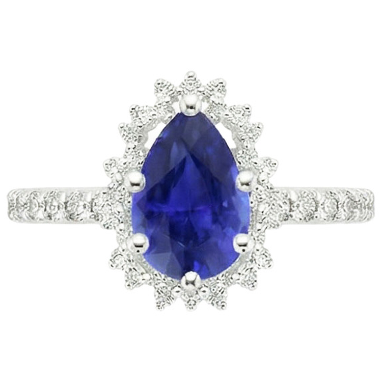 Bague Halo Femme Style Fleur Poire Saphir Ceylan & Diamants Naturels Extraits des Mines ( et non cultivés en laboratoire ) 5 Carats
