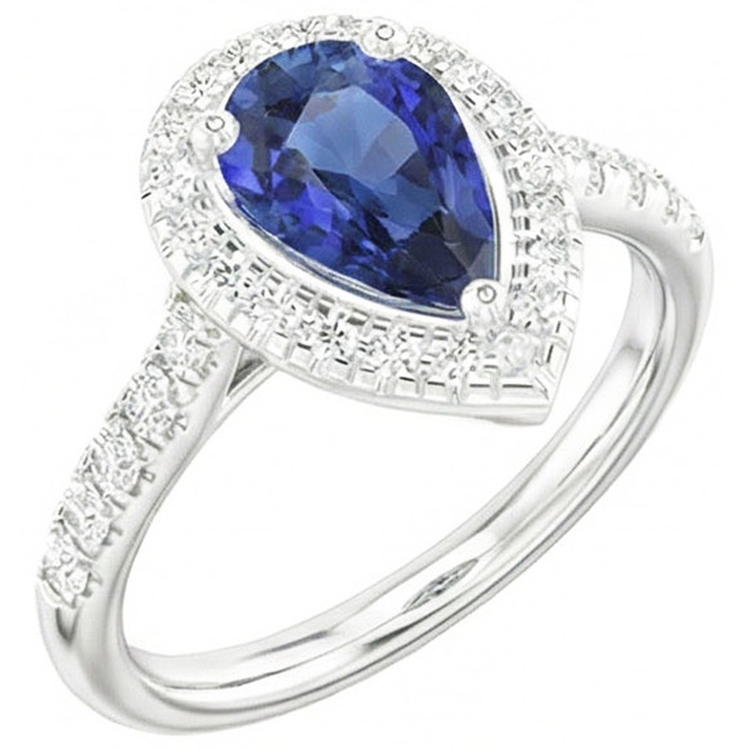 Bague Halo Forme Poire Saphir Bleu & Diamants 4 Carats