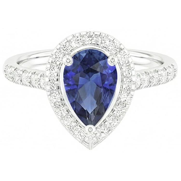 Bague Halo Forme Poire Saphir Bleu & Diamants 4 Carats