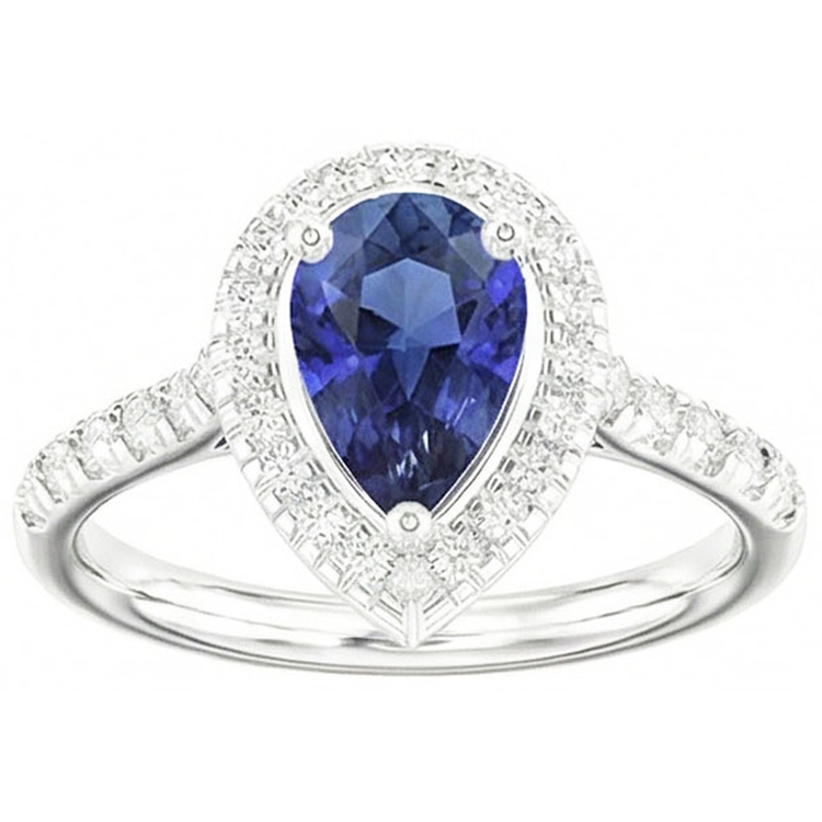 Bague Halo Forme Poire Saphir Bleu & Diamants 4 Carats