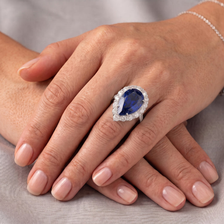 Bague Halo Gemstone Poire Saphir Bleu Or Femme Bijoux 8 Carats