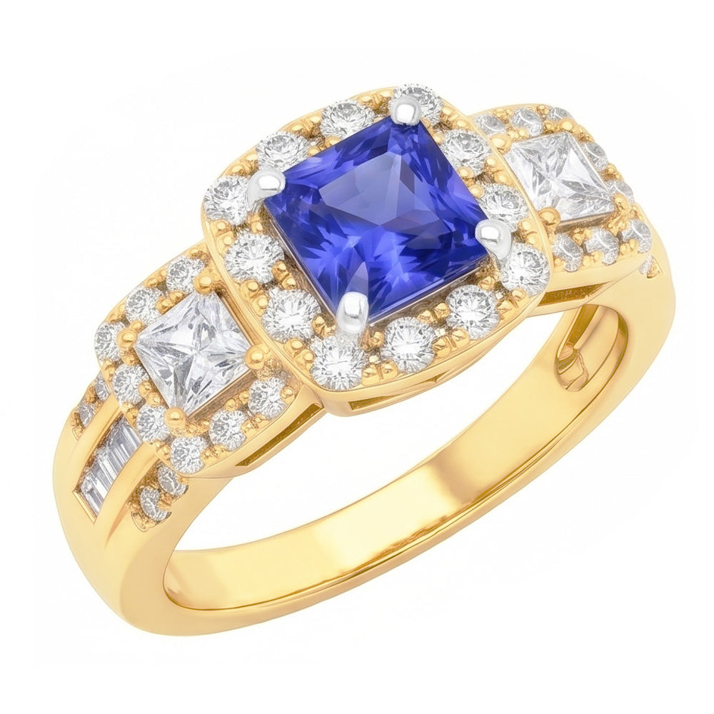 Bague Halo Gemstone Radiant Sapphire 5 Carats Or 14K Diamants