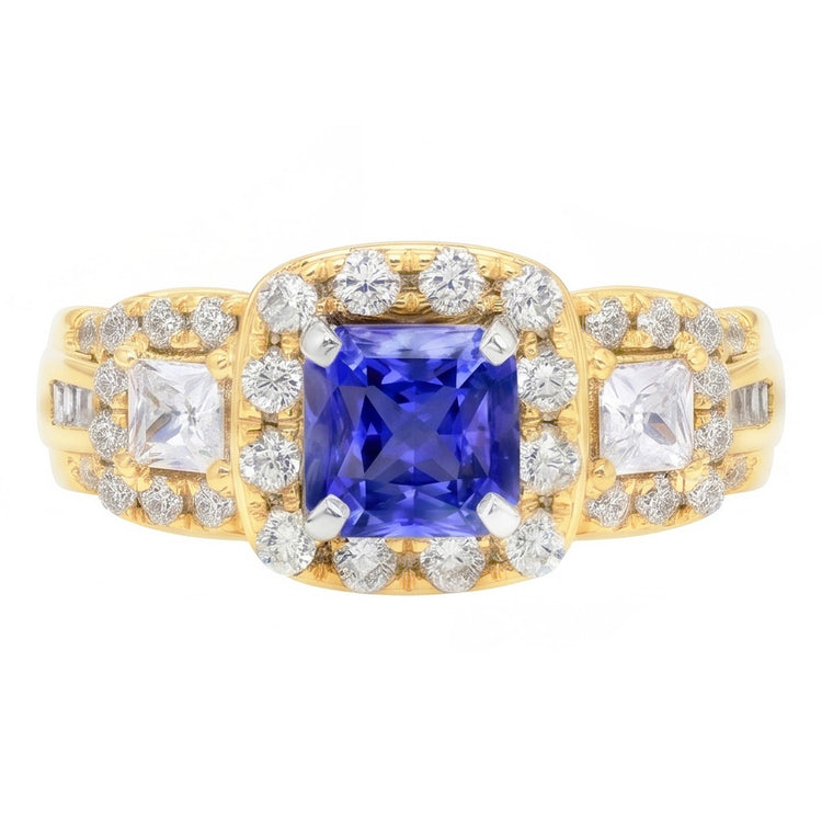 Bague Halo Gemstone Radiant Sapphire 5 Carats Or 14K Diamants