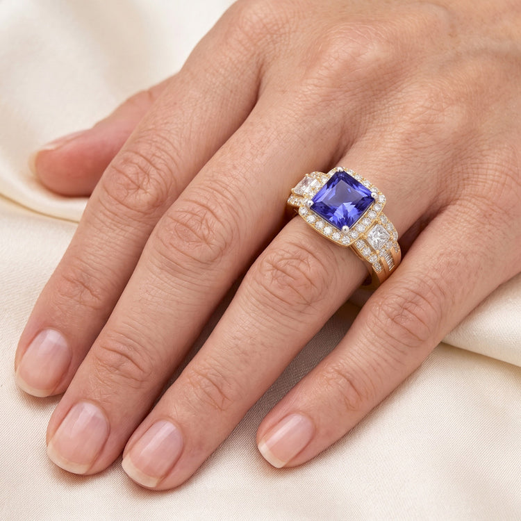 Bague Halo Gemstone Radiant Sapphire 5 Carats Or 14K Diamants