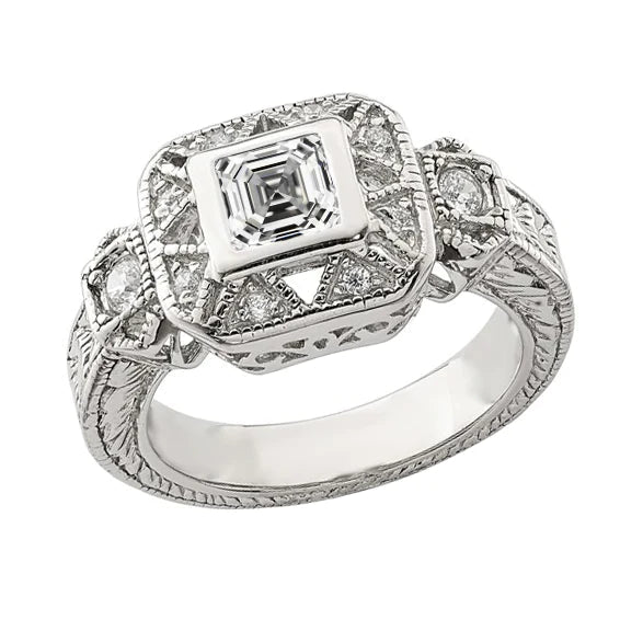 Bague Halo Millegrain 2 Carats Style Antique Rond Et Naturel  Diamant Asscher