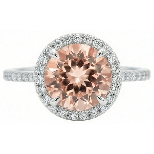 Bague Halo Morganite Et Diamants Naturels Extraits des Mines ( et non cultivés en laboratoire ) 15.50 Carats Or Blanc 14K