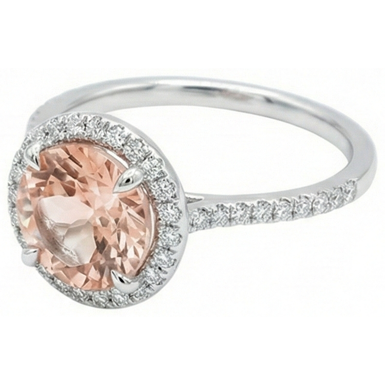 Bague Halo Morganite Et Diamants Naturels Extraits des Mines ( et non cultivés en laboratoire ) 15.50 Carats Or Blanc 14K