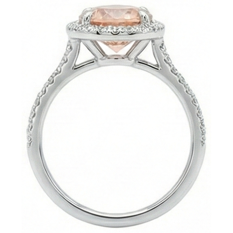 Bague Halo Morganite Et Diamants Naturels Extraits des Mines ( et non cultivés en laboratoire ) 15.50 Carats Or Blanc 14K