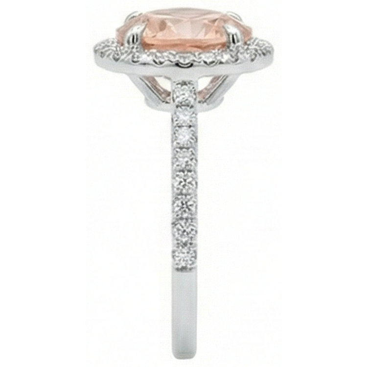 Bague Halo Morganite Et Diamants Naturels Extraits des Mines ( et non cultivés en laboratoire ) 15.50 Carats Or Blanc 14K