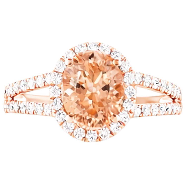 Bague Halo Morganite Et Diamants Naturels Extraits des Mines ( et non cultivés en laboratoire ) 21 Ct Or Rose 14K