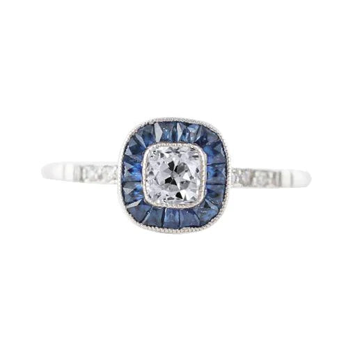 Bague Halo Old Cut Coussin Réel Diamant & Trapèze Saphir 2.75 Carats