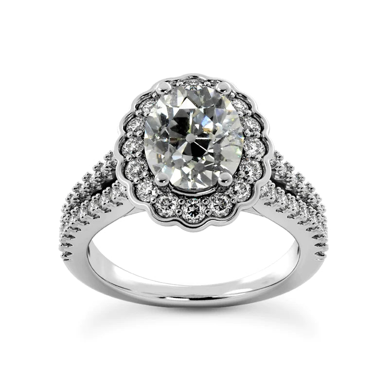 Bague Halo Old Cut Oval Réel Diamonds Flower Style 6 Carats Split Tige