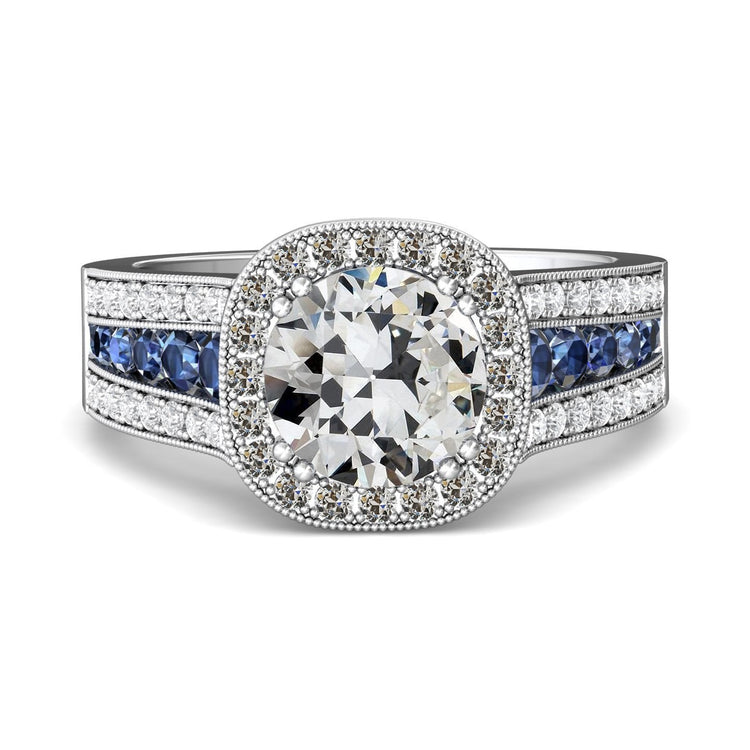 Bague Halo Old Mine Cut Véritable Diamond & Blue Sapphires Prong Set 6.50 Carats