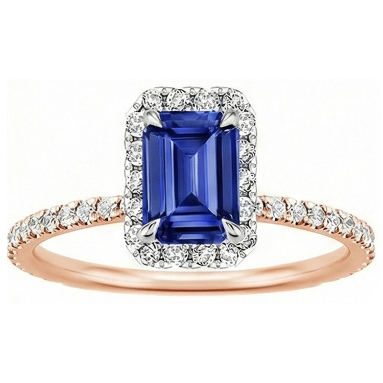 Bague Halo Or Bicolore Saphir de Ceylan & Diamant Naturels Extraits des Mines ( et non cultivés en laboratoire ) 4.25 Carats