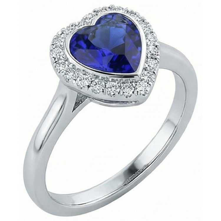 Bague Halo Or Blanc Coeur Saphir Bleu Foncé Bijoux 4 Carats