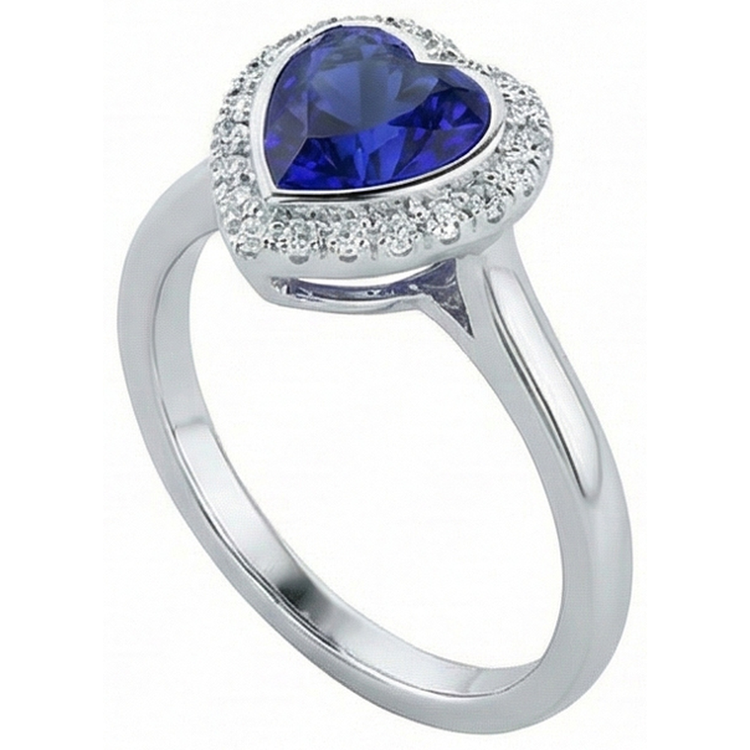 Bague Halo Or Blanc Coeur Saphir Bleu Foncé Bijoux 4 Carats