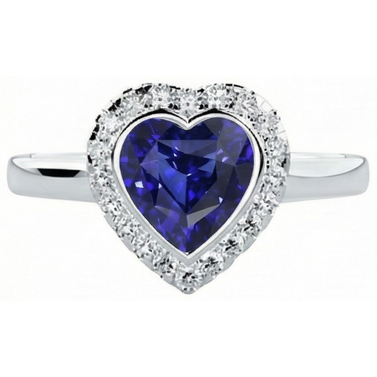 Bague Halo Or Blanc Coeur Saphir Bleu Foncé Bijoux 4 Carats