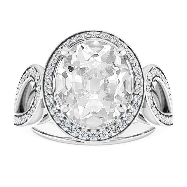 Bague Halo Or Blanc Ovale Vieux Mineur Naturel Diamant Split Tige 9.75 Carats