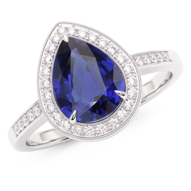 Bague Halo Or Blanc Poire Pavée Diamant Saphir Bleu 2.50 Carats