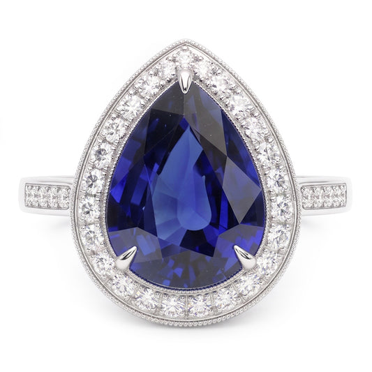 Bague Halo Or Blanc Poire Pavée Diamant Saphir Bleu 2.50 Carats