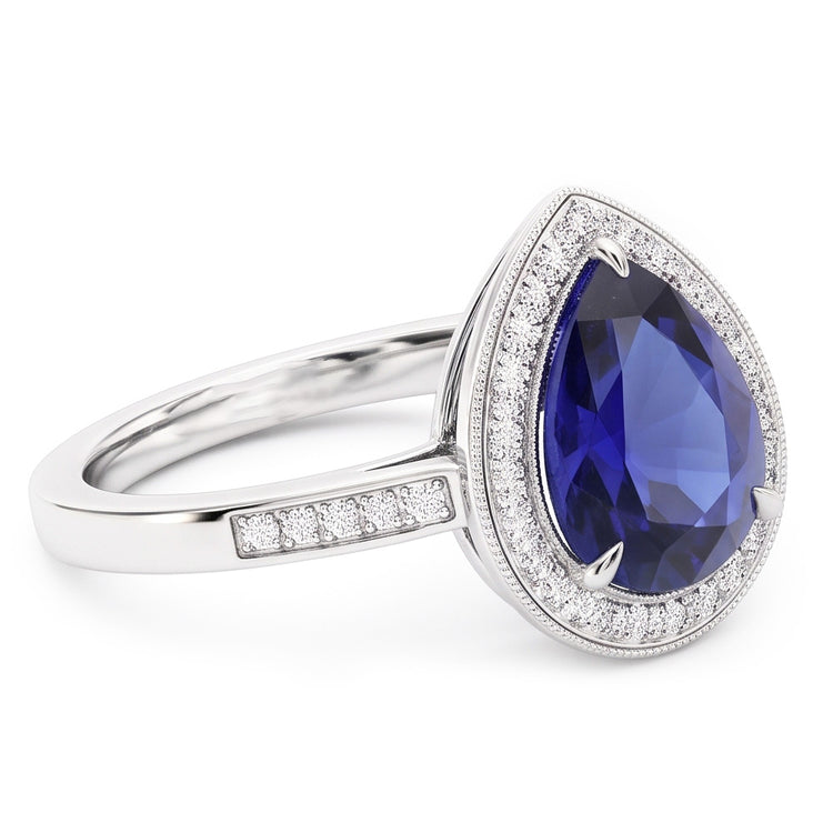 Bague Halo Or Blanc Poire Pavée Diamant Saphir Bleu 2.50 Carats
