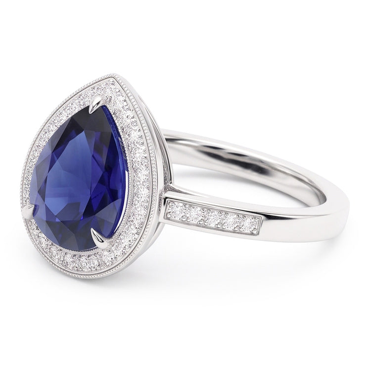 Bague Halo Or Blanc Poire Pavée Diamant Saphir Bleu 2.50 Carats