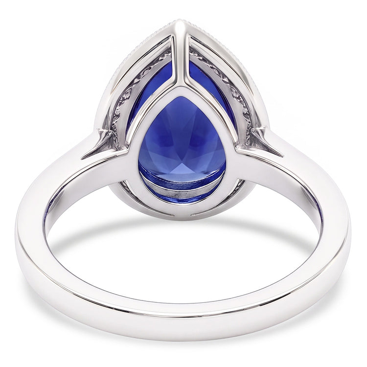 Bague Halo Or Blanc Poire Pavée Diamant Saphir Bleu 2.50 Carats